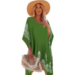 Women's 2 Green 100% Viscose Kaftan for Bathing Swimsuit Floral Pattern Dress